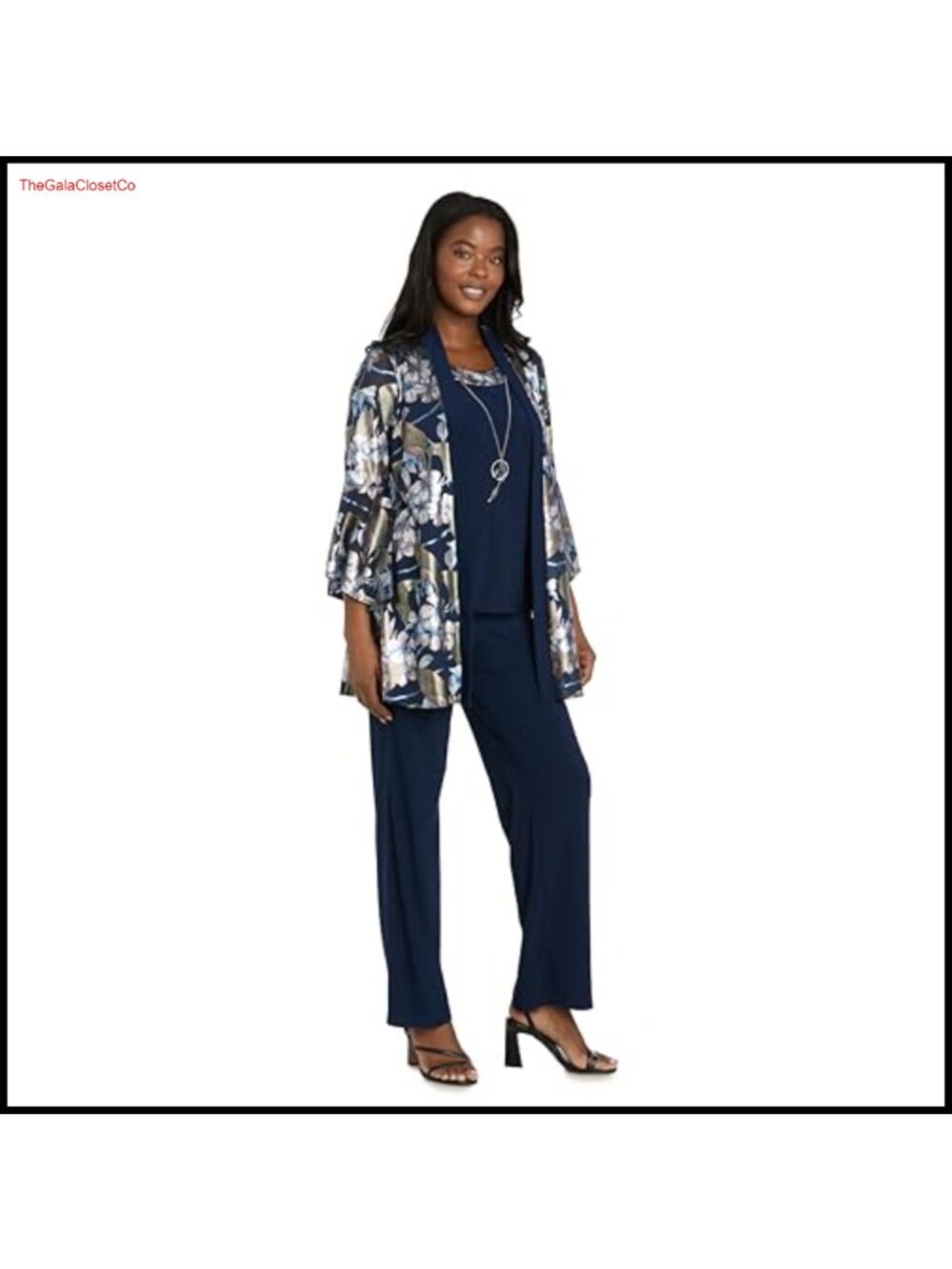 Two-Piece Pantsuit Set Floral Foil Jacket Bell Sleeves Mock Top Formal